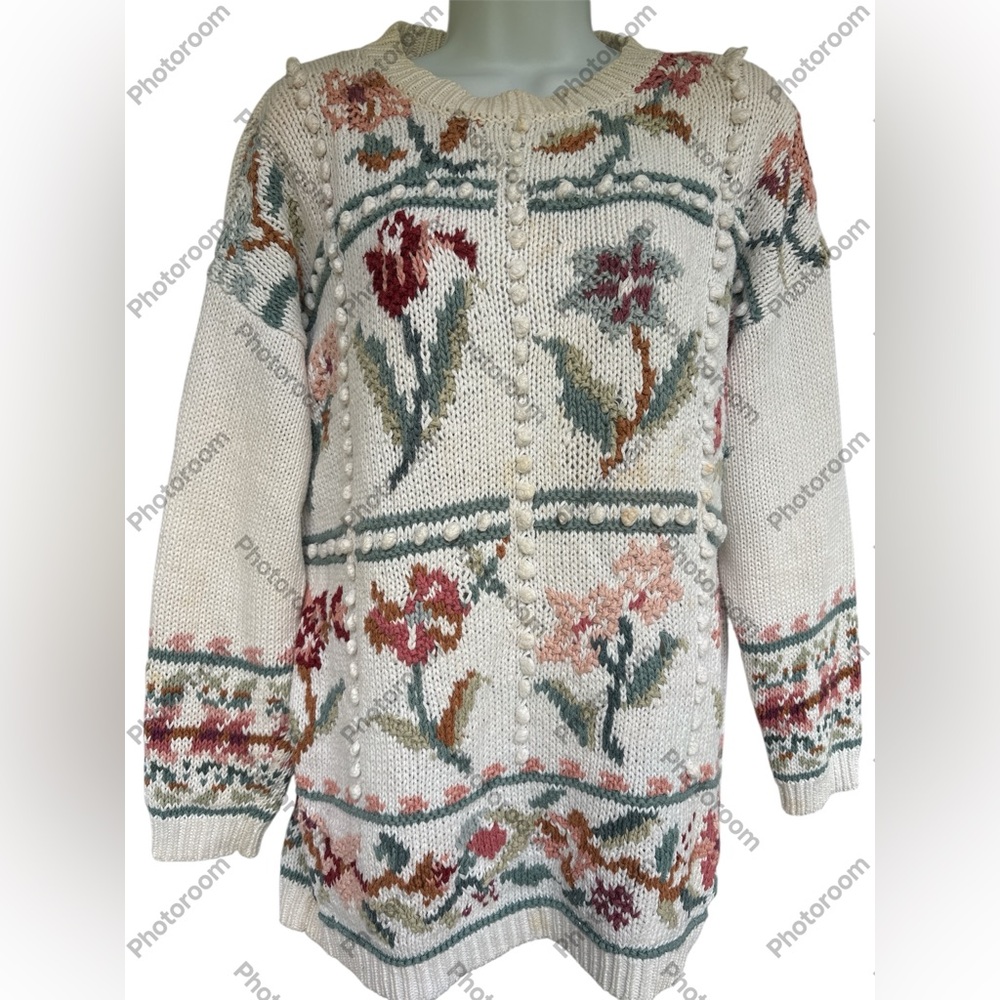 True VINTAGE 1990s Tunic Sweater Full Knit Floral Roses Flowers Puffballs M L